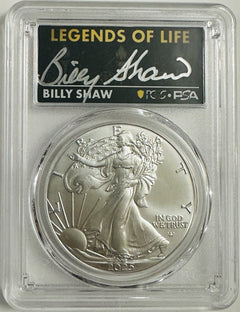 2025 $1 SILVER EAGLE PCGS MS70 FIRST STRIKE LEGENDS OF LIFE BILLY SHAW SIGNED