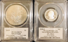 Silver eagle & quarter lot of 2 Thomas Cleveland eagle graded MS70 & PR70 #211
