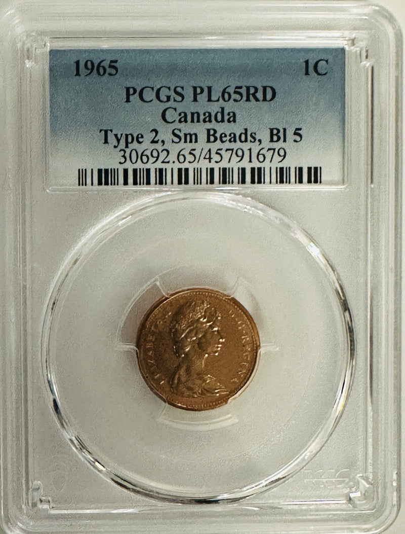 1965 Canada Type 2,Sm Beads,Bl 5 One Cent PCGS PL-65 RD(Currently None On eBay)