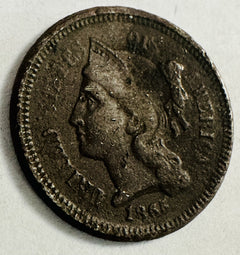 1865  3-Cent Nickel Piece Circulated Civil War Date US Type Coin Dark Toned #3C