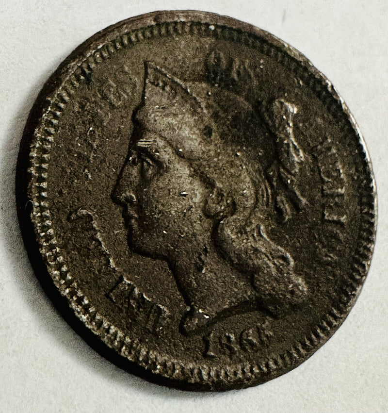 1865  3-Cent Nickel Piece Circulated Civil War Date US Type Coin Dark Toned #3C