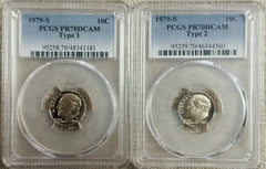 WOW! Lot Of 2 PCGS PERFECT PR70DCAM 1979-S Type 1 & Type 2 Roosevelt Dimes #602
