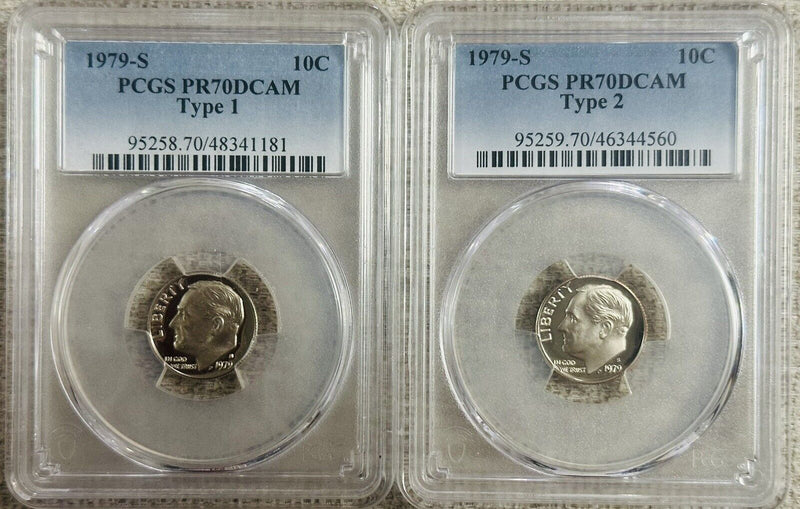 WOW! Lot Of 2 PCGS PERFECT PR70DCAM 1979-S Type 1 & Type 2 Roosevelt Dimes #602