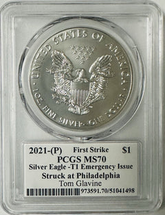 2021-(P) $1 American Silver Eagle PCGS MS70 FS Type1 Emergency Issue Tom Glavine