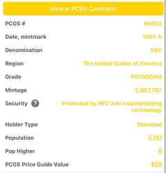 1991-S Proof Kennedy Half Dollar - PCGS PR70DCAM - ( PCGS Guide $50) # OA 184