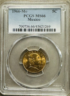 MEXICO 1966 5 CENTAVOS PCGS CERTIFIED GEM UNC. MS66 ( Low Price) # M5C 1966 MS66