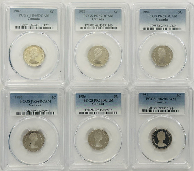50% Off Lot Of 6 Canadian Year Run Nickels ( 1982-87) ( Less Than $5 A Coin)#156