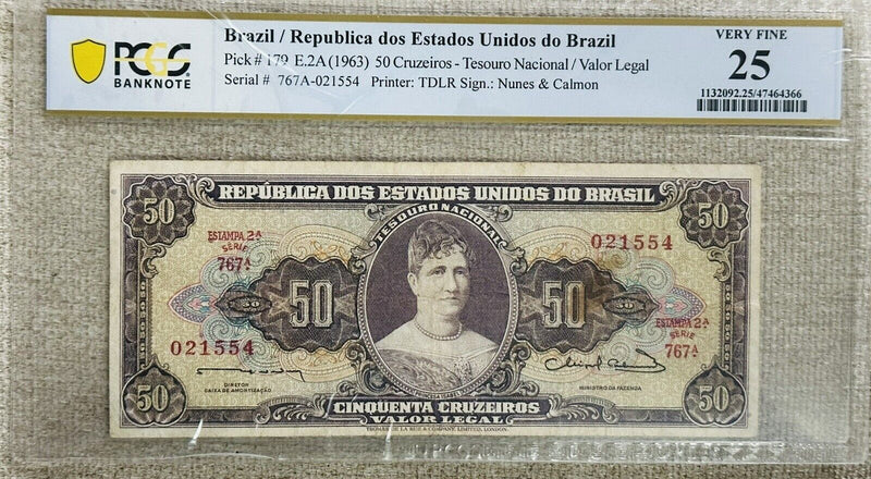 Brazil 1963 50 Cruzeiros PCGS VF-25 Pick#179