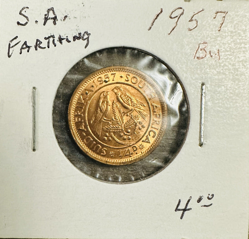 SOUTH AFRICA ELIZABETH II 1957 1/4 PENNY, CAPE SPARROWS ON ACACIA UNC