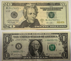Lot Of 2 Replacement CRISP Error Star Note $21 FV Lot # PM02 (#02)