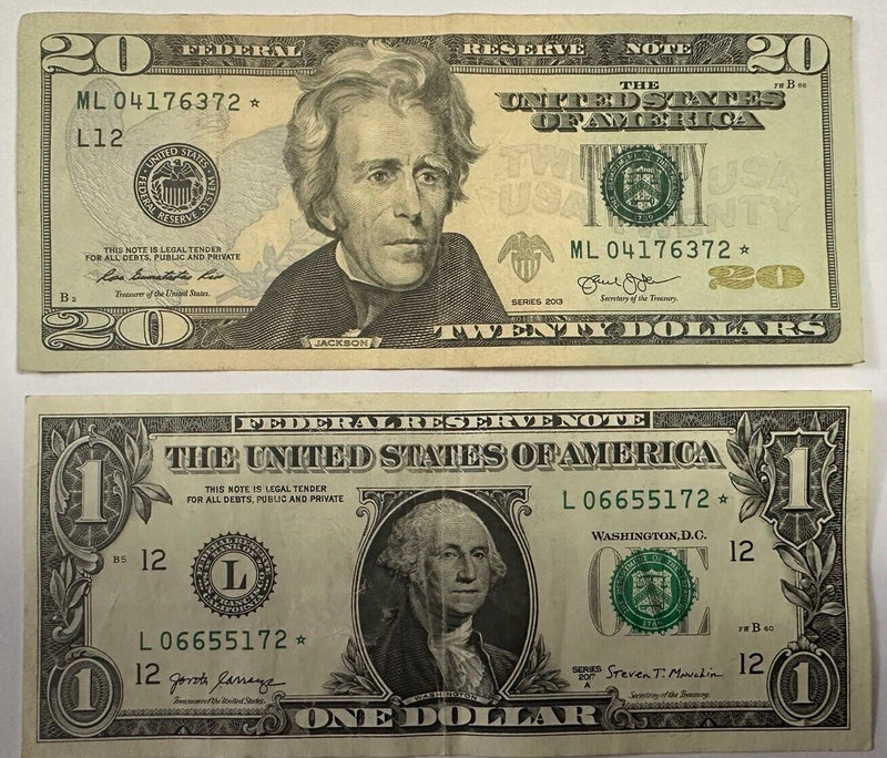 Lot Of 2 Replacement CRISP Error Star Note $21 FV Lot # PM02 (#02)