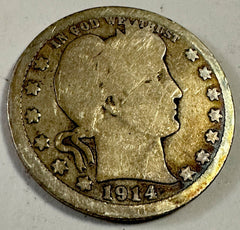 1914-P Barber Silver Quarter (VG) Very  Good Condition Toned Lot # BQ 1914-P
