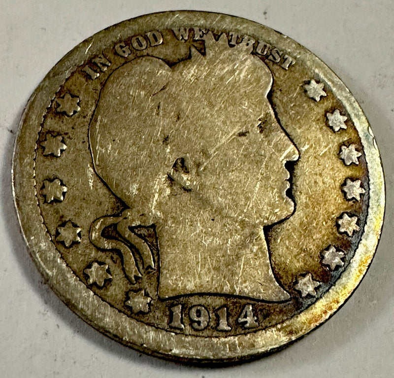 1914-P Barber Silver Quarter (VG) Very  Good Condition Toned Lot # BQ 1914-P