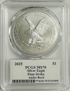 2025 $1 SILVER EAGLE PCGS MS70 FIRST STRIKE LEGENDS OF LIFE Andre Reed SIGNED
