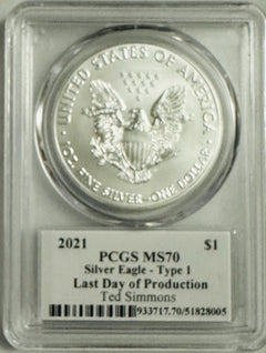2021 SILVER EAGLES T1 & T2 PCGS MS70 1st  &LAST DAY OF PROD.  TED SIMMONS SIGNED