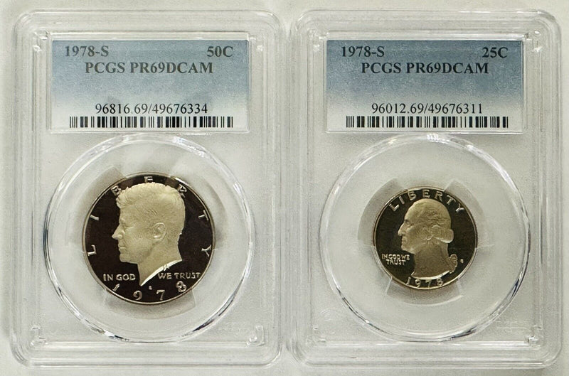 Lot Of 2 PCGS PR69DCAM COINS( Kennedy Half & Quarter) # OA 31 (Book Value $29)