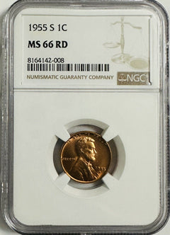 1955-S U.S. Lincoln Wheat Cent Certified by NGC MS 66 RD- Beautiful Red Gem