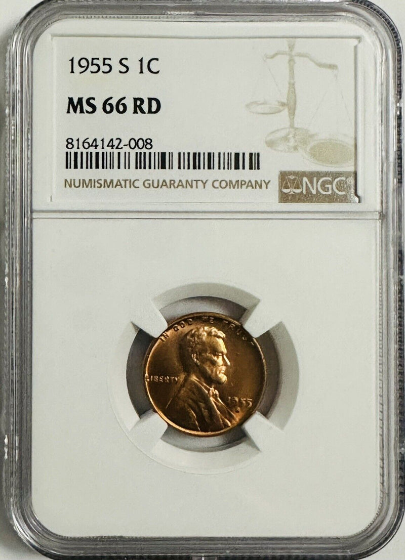1955-S U.S. Lincoln Wheat Cent Certified by NGC MS 66 RD- Beautiful Red Gem
