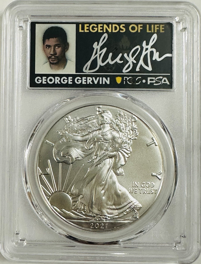 2021 (P) $1 Silver Eagle Emergency T1 PCGS MS70 FS Legends of Life George Gervin