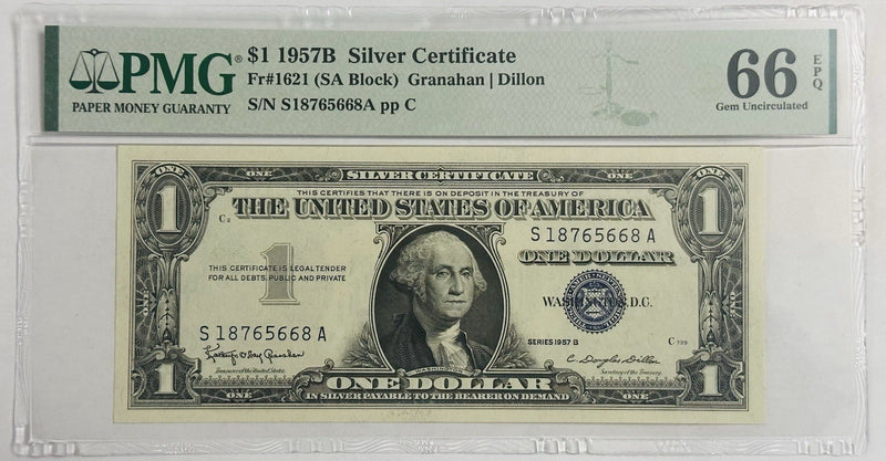 1957B $1 SILVER CERTIFCATE (SA BLOCK) Fr# 1621 PMG 66 EPQ Gem Uncirculated