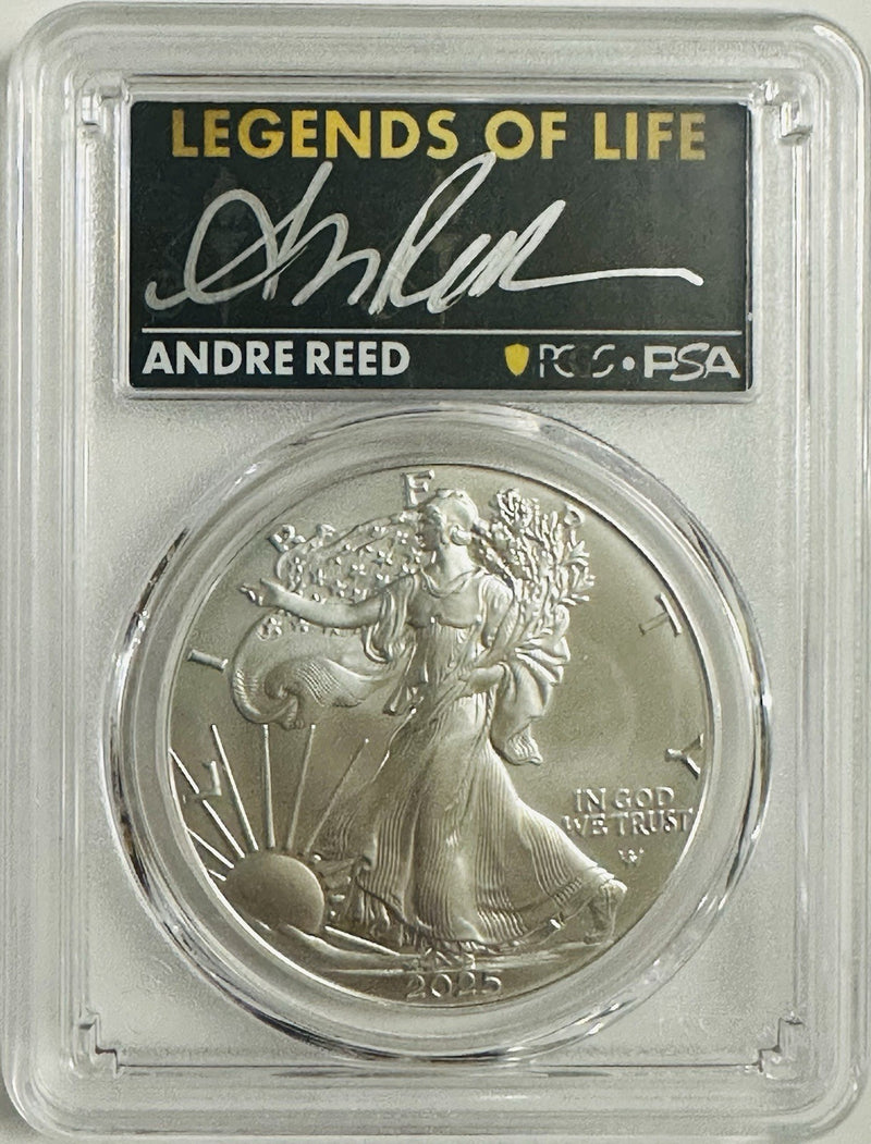 2025 $1 SILVER EAGLE PCGS MS70 FIRST STRIKE LEGENDS OF LIFE Andre Reed SIGNED