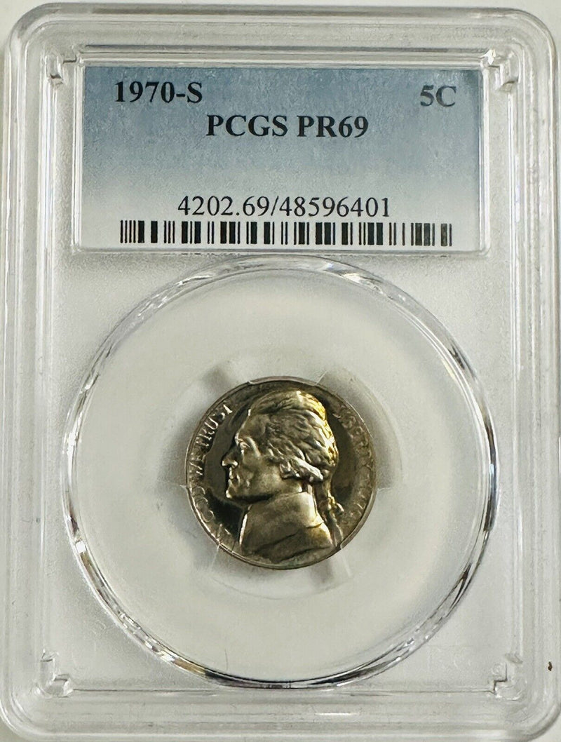 1970 S Jefferson Nickel PCGS PR69 Beautiful Toning Both Sides As Pictured # OA30