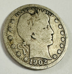 1902-P Barber Quarter 90% Silver, Over 120 years Old As Shown # BQ 1902-P