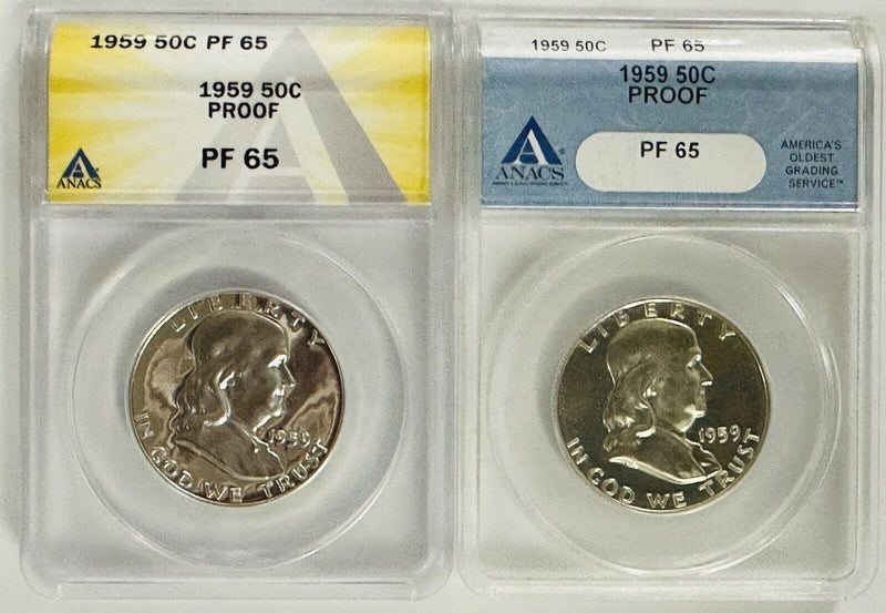 Lot Of 2 ANACS 1959 Franklin Half Dollar Graded PF65 (low Price)