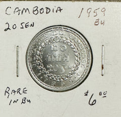 1959 Cambodia 20 Sen Coin BU High Value