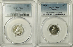 Lot Of 2 Silver 1964 Canada  Gem PL Ten Cents PCGS PL 66 # CTC 1964-PL66 *2