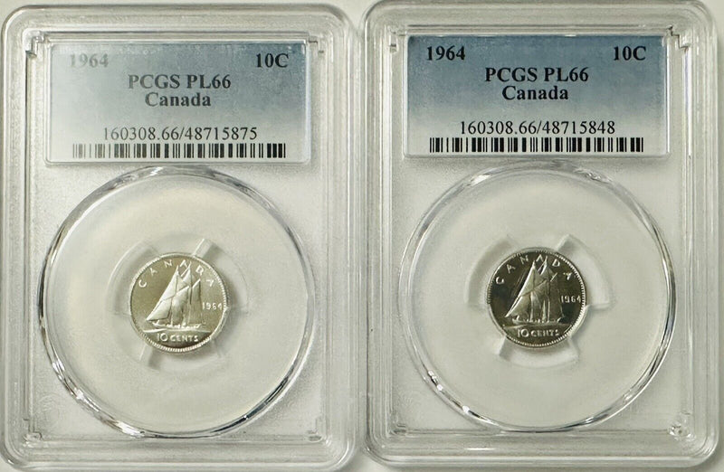Lot Of 2 Silver 1964 Canada  Gem PL Ten Cents PCGS PL 66 # CTC 1964-PL66 *2