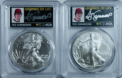 2021 SILVER EAGLES T1 & T2 PCGS MS70 1st  &LAST DAY OF PROD.  TED SIMMONS SIGNED