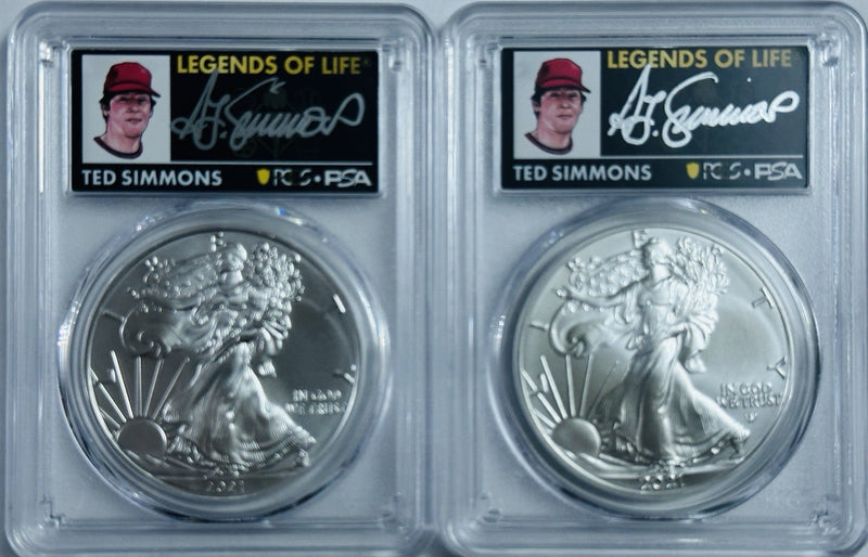 2021 SILVER EAGLES T1 & T2 PCGS MS70 1st  &LAST DAY OF PROD.  TED SIMMONS SIGNED