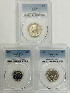 Lot Of 3 PCGS GRADED 1967 Special Mint Set Coins (25C, 10C & 5C) As Shown # OA43