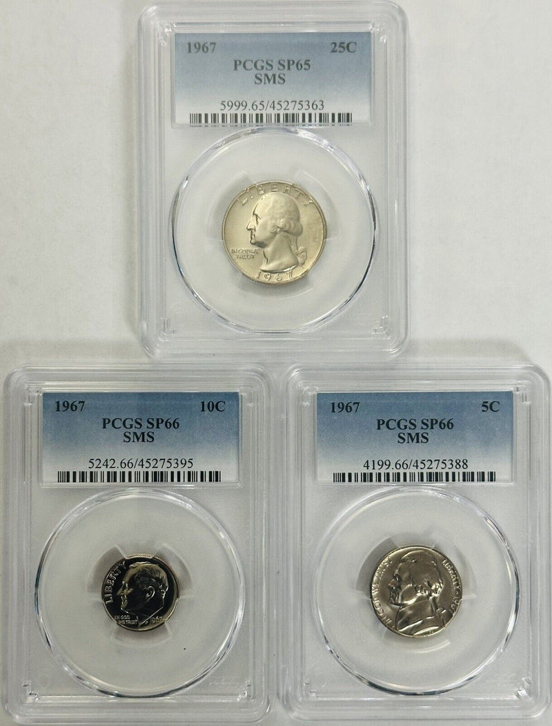 Lot Of 3 PCGS GRADED 1967 Special Mint Set Coins (25C, 10C & 5C) As Shown # OA43