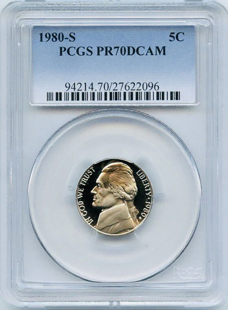 1980-S  JEFFERSON NICKEL  PR70DCAM “RARE TOP GRADE” (PRICE BELOW PCGS LIST $85)