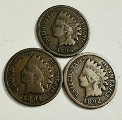 Indian Head Cents 1890's Lot of 3 Year Run (1890-1892 )# IHP #36  (90-92)