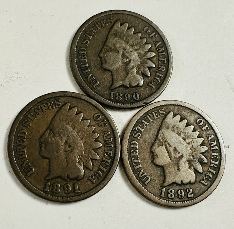 Indian Head Cents 1890's Lot of 3 Year Run (1890-1892 )# IHP #36  (90-92)