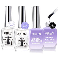 Gellen Nail Dehydrator and Primer with Base Coat Top Coat Acid-Free Hema-free Nail Prep Dehydrator Primer 18ml UV Superior Glossy Top Coat for Acrylic Gel Nail Polish Nail Art Supplies Gift for Women