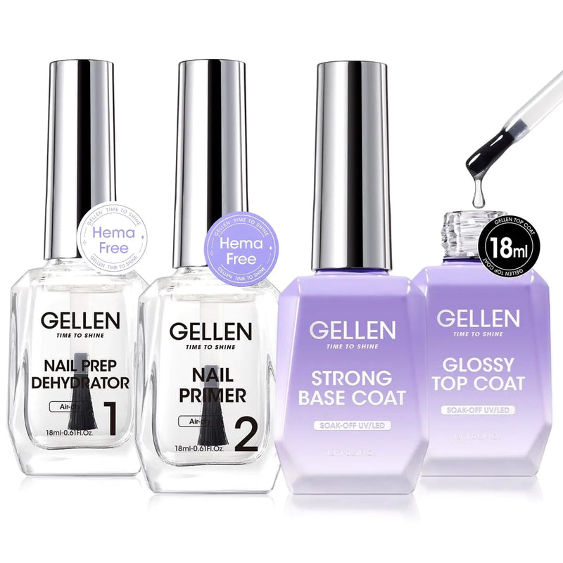 Gellen Nail Dehydrator and Primer with Base Coat Top Coat Acid-Free Hema-free Nail Prep Dehydrator Primer 18ml UV Superior Glossy Top Coat for Acrylic Gel Nail Polish Nail Art Supplies Gift for Women