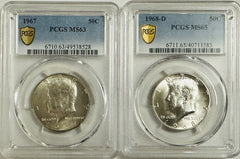 Lot Of 2 Silver (40%) Kennedy Half Dollar (1967 & 1968-D MS63 & MS65) # OA 101