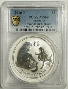 2016 P Australia PCGS MS69 Year of the Monkey $1 1oz  .999 Silver #110 Gold SHLD