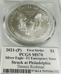 2021 (P) $1 Emergency Issue T1 American Silver Eagle PCGS MS70 FS Dennis Rodman