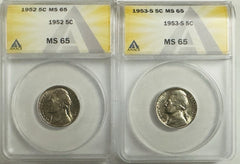 Lot Of 2 1952 & 1953-S Jefferson Nickel ANACS MS65 As Shown # OA 109