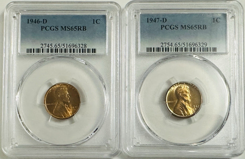 1946-D & 1947-D Lincoln Wheat Cent PCGS MS65RB Red/Brown As Shown # OA 119