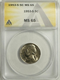 Lot Of 2 1952 & 1953-S Jefferson Nickel ANACS MS65 As Shown # OA 109