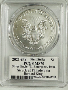 2021 $1 Silver Eagle T1 Emergency Issue FS  PCGS MS70 Legends Life Bernard King