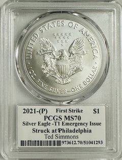 2021 (P) $1 Silver Eagle Emergency T1 PCGS  MS70 Legends of Life Ted Simmons