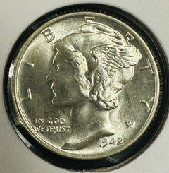 1942- P FSB Mercury 90% Silver Dime  Gem BU Lustrous Frosty White # MD 1942P LFW