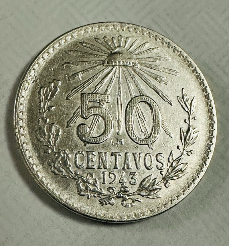 1943 Mexico Silver 50 Centavos Coin “LIBERTAD” With “Liberty Cap”Uncirculated #2